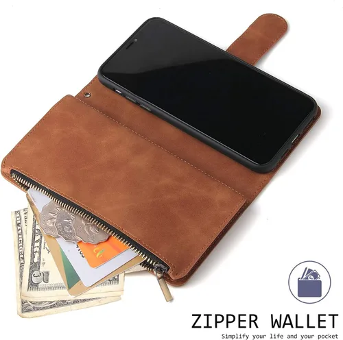 Vista 4 de UEEBAI Funda tipo cartera para iPhone 12 Mini, piel sintética, cierre magnético, correa de mano, múltiples ranuras para tarjetas, soporte de Marrón