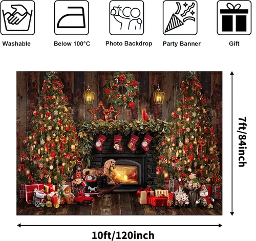 Vista 3 de Avezano Telones de fondo de Navidad para fotografía, madera rústica, chimenea, telón de fondo de fotos, árbol de Navidad, decoración de regalo