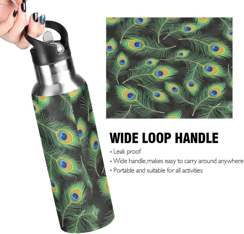 Vista 4 de Insulated Water Bottle 32 Oz, BPA-Free Sports Water Bottle with Straw for Gym Outdoor Travel School, Peacock Feather Black