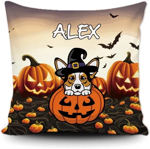 Vista 10 de Funda de almohada personalizada de Halloween, perro labrador con sombrero de bruja, calabaza, Halloween, cachorro, funda de cojín decorativa de lona