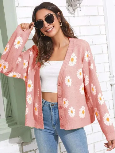 Vista 2 de Cárdigan de punto con estampado floral para mujer, manga larga, con botones y cuello en V