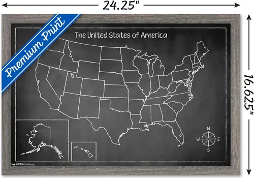 Vista 3 de Trends International Chalk Map - Póster de pared de Estados Unidos, 14.725 x 22.375 pulgadas, versión enmarcada de madera de granero Versión