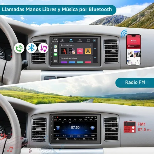 Vista 7 de Estéreo de coche de doble DIN de 7 pulgadas inalámbrico CarPlay inalámbrico Android Auto, Android 2+32G pantalla táctil unidad principal de radio