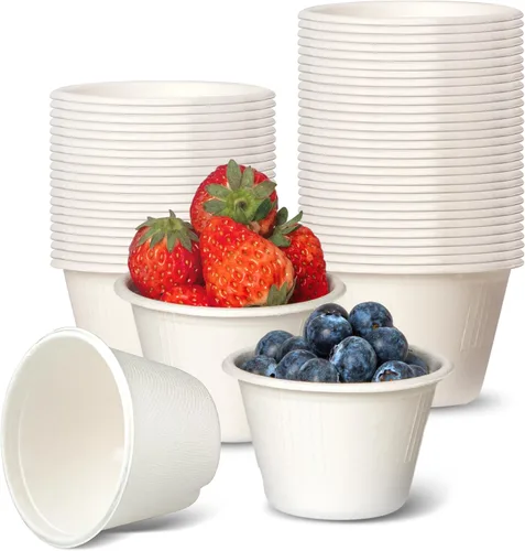 Vista 9 de Fit Meal Prep [Paquete de 100] Vasos desechables compostables para condimentos y muestras de 2 onzas, tazas biodegradables de fibra de bagazo