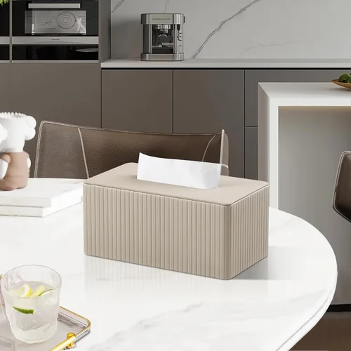 Vista 2 de Funda de Caja de Pañuelos de Cuero PU para Caja de 120 (3 Capas)/160 (2 Capas) Pañuelos, Soporte de Caja de Pañuelos Rectangular para Baño Rayas