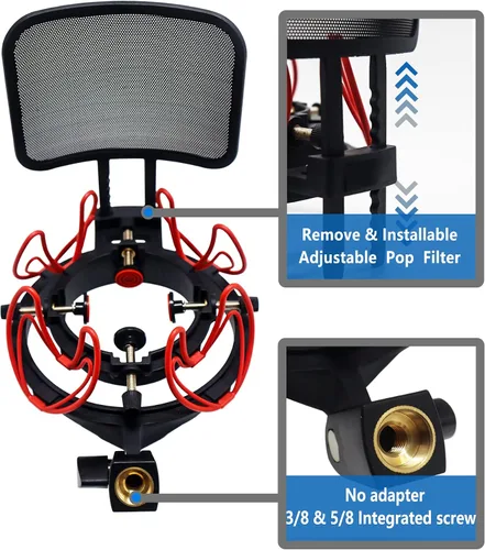 Vista 3 de SUUNTOK Soporte de choque de micrófono con filtro pop Soporte de choque universal para micrófonos Tamaño de 0.827-2.441 in Clip de soporte