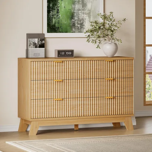 Vista 17 de BORNOON Cómoda acanalada de 3 cajones, 30.3 pulgadas de alto, cómoda bohemia compacta y moderna, armario de almacenamiento de madera