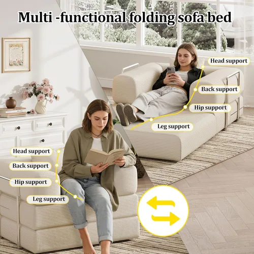 Vista 3 de Sofá individual para espacios pequeños, sofá convertible 2 en 1, cómodo puf para adultos con funda extraíble con almohadas para dormitorio, Beige
