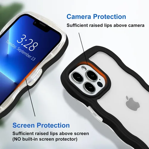 Vista 3 de Anuck Funda para iPhone 13 Pro con borde ondulado, diseño trasero transparente, agarre antideslizante, forma de marco rizado ondulado, a prueba