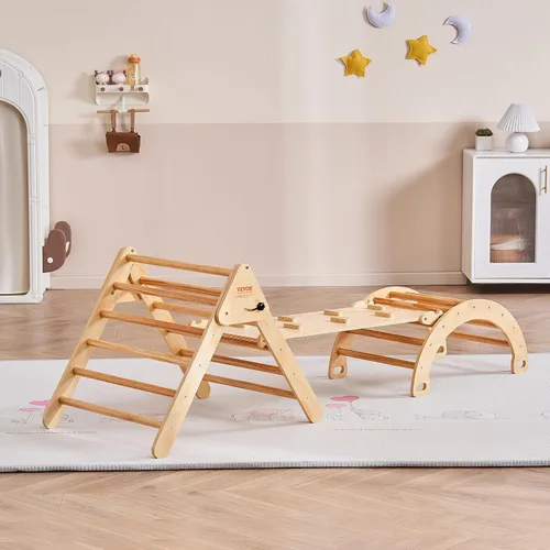 Vista 8 de VEVOR Pikler - Juego de triángulos escalador 5 en 1, juguetes de escalada para niños pequeños plegables en interiores con arco y rampa y escalera