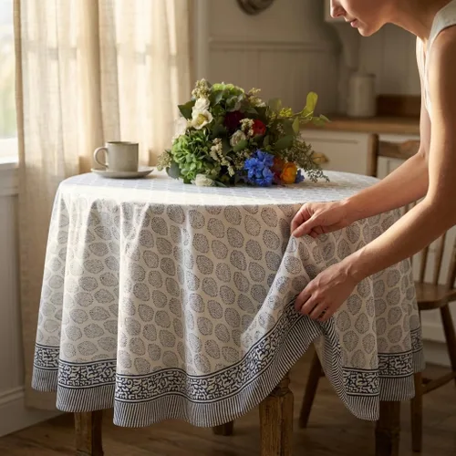 Vista 3 de ATOSII Amalfi - Mantel redondo de verano 100% algodón, estampado en bloques, para comedor, bodas, exteriores, fiestas, I Grand Millenial Farmhouse