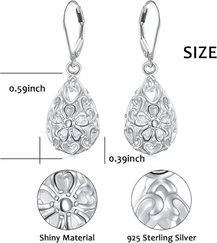 Vista 6 de Aretes colgantes de filigrana de plata de ley 925, margarita, loto, flor de rosa, piedra lunar, lágrima para mujer, nudo celta infinito, margarita