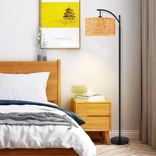 Vista 9 de QIYIZM Lámpara de pie para sala de estar, dormitorio, estilo granja, arco, ratán, boho, lámpara de pie con control remoto regulable, pantalla