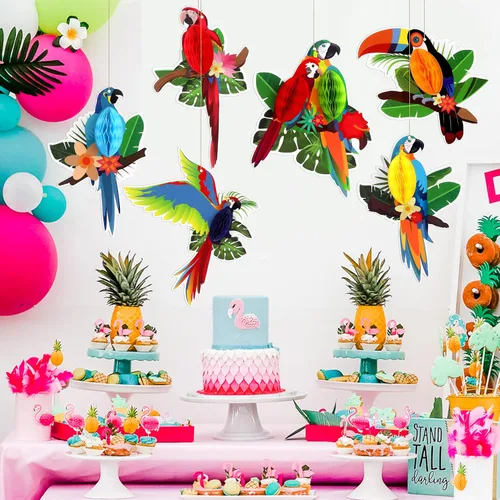 Vista 2 de 6 piezas de recortes de panal de pájaros tropicales – Decoración hawaiana Luau Tropical para verano, playa, selva, safari, selva tropical, fiesta
