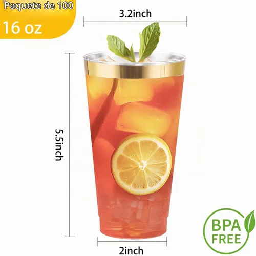 Vista 8 de DaYammi Paquete de 100 vasos de plástico dorados de 16 onzas, elegantes vasos de plástico transparente con borde dorado, desechables, copas de vino