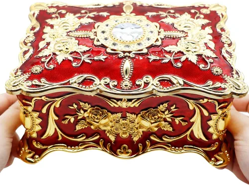 Vista 7 de Joyero rectangular de aleación de metal vintage de lujo, caja de almacenamiento con patrón de rosas para mujeres, niñas, diseño de dos capas, dorado