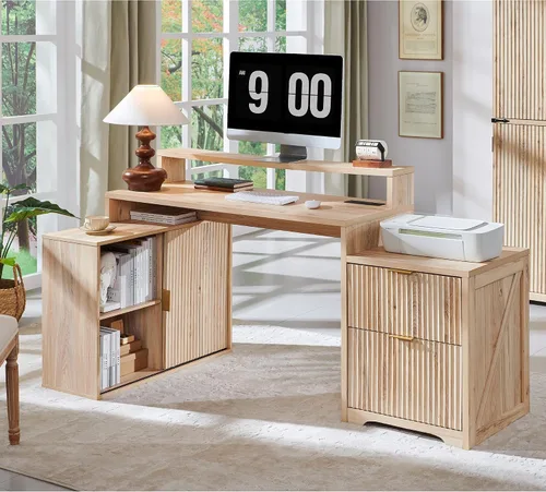 Vista 8 de JXQTLINGMU Escritorio ejecutivo moderno de 58 pulgadas con almacenamiento, escritorio de madera para oficina en casa con 5 cajones y 1 gabinete