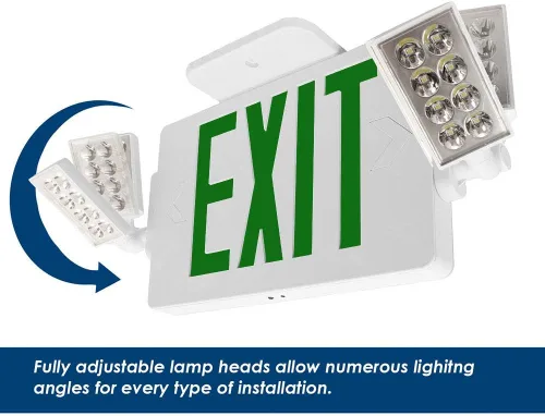Vista 6 de LFI Lights Thin COMBO UL 924 Listed, LED verde, señal de salida con luces de emergencia, blanco, 120-277 VCA cableada con batería de respaldo, doble
