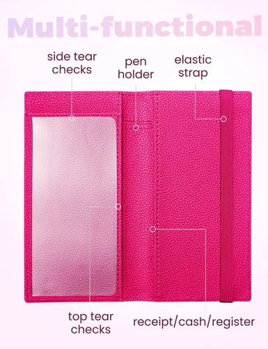 Vista 14 de Yarnic Funda para chequera personal, soporte para chequera con soporte para bolígrafo y divisor de plástico transparente integrado para cheques Rosa