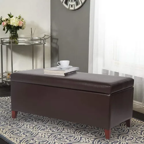 Vista 9 de Joveco Banco otomano de almacenamiento de 42 pulgadas, reposapiés otomano de piel sintética marrón con almacenamiento, banco de extremo de cama