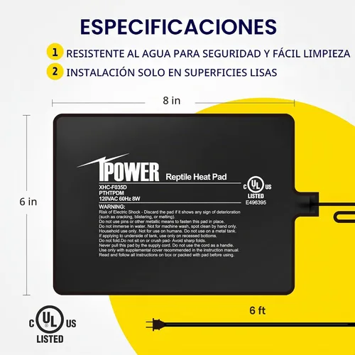 Vista 3 de iPower Almohadilla de Calor para Reptiles de 6 x 8 Pulgadas, 8 W, Calentador de Terrario Debajo del Tanque, Alfombrilla Calefactora para Tortuga