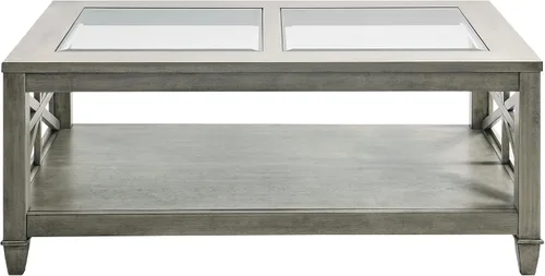 Vista 4 de Mesa de centro de madera maciza con tapa de vidrio templado, mesa rectangular para sala de estar con estante de almacenamiento de 2 neumáticos, mesa