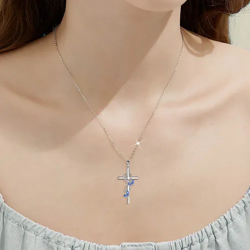 Vista 2 de POPLYKE Collar de cruz para mujer, plata de ley 925, collar con colgante de cruz, joyería de animales, regalos de Navidad para mujeres, madre