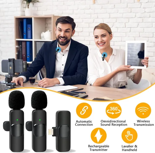 Vista 2 de Micrófono de solapa inalámbrico Lavalier para iPhone iPad Micrófono de clip profesional - Grabación de condensador omnidireccional inalámbrico con 2