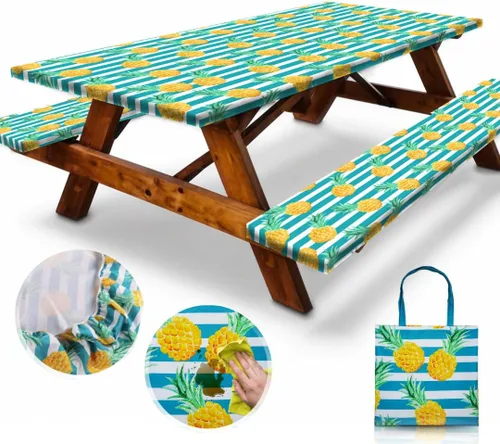 Vista 10 de RNOONY Cubierta de Mesa de Picnic de Vinilo Ajustable con Fundas de Banco y Bolsa, Mantel de 6 pies para Exteriores Impermeable y Resistente al