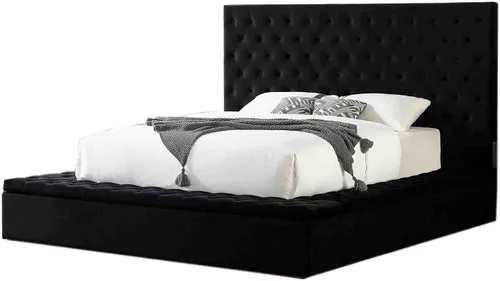 Vista 3 de Yumi - Cama de plataforma tapizada de terciopelo de perfil bajo, color negro, tamaño Queen