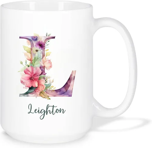 Vista 20 de Taza de café personalizada de la letra A del alfabeto, Taza de café blanca con nombre personalizado único, Taza inicial de monograma floral