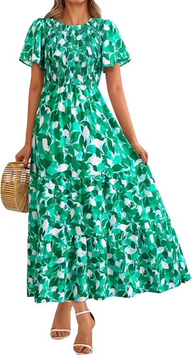 Vista 29 de PRETTYGARDEN - Vestido largo casual de verano para mujer, manga corta acampanada, bohemio, floral, cuello redondo, vestido blusón, escalonado