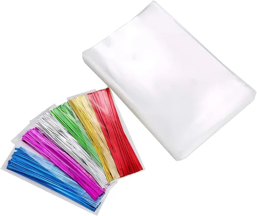 Vista 5 de 200 bolsas de celofán planas de celofán de 5 x 11 pulgadas con lazos torcidos de 6 colores, embalaje de galletas, dulces, postres de regalo, bolsas