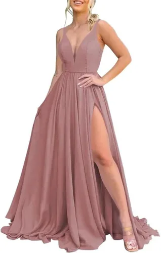Vista 24 de Vestidos largos de dama de honor para mujer, con abertura, cuello en V, vestido de fiesta formal para boda