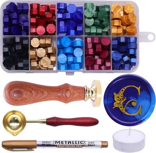 Vista 11 de SWANGSA Kit de sellos de cera del alfabeto, diseño de mariposa vintage, 26 letras A-Z con 2 asas de madera, kit de regalo para invitación de boda