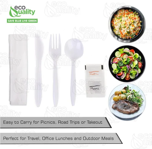 Vista 4 de Kit de cubiertos envueltos 6 en 1 – Tenedor/Cuchara/Cuchillo/Servilleta/Sal/Pimienta – Kit de cubiertos desechables, perfecto para el almuerzo