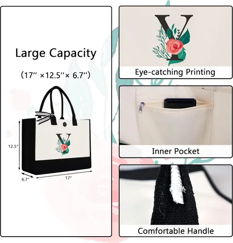 Vista 2 de Bolsa de lona con inicial, regalos de cumpleaños personalizados para mujer, Negro -, Letra Y