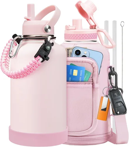 Vista 26 de Botellas de agua de 32 onzas aisladas con pajita y tapa para beber de un sorbo, asa de paracord, bolsa de transporte con correa, termo de triple
