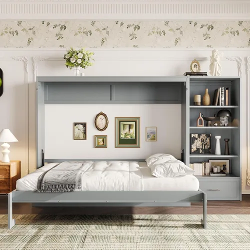 Vista 32 de Cama Murphy de Pared Tamaño Queen con Escritorio en Forma de L, Sofá de 2 Asientos y Luz, Marco de Cama Murphy Tradicional de Madera Maciza