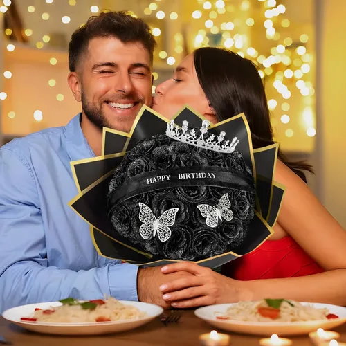 Vista 6 de Waipfaru Ramo de rosas con purpurina, regalos de cumpleaños para mujeres y madres, ramo de flores falsas con letreros de cumpleaños, 36 rosas negras