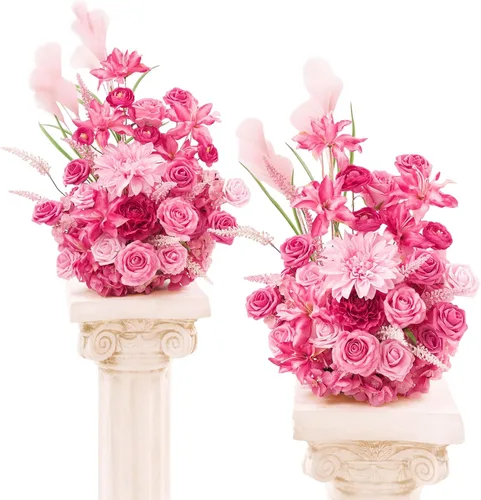 Vista 17 de TINGE TIME Juego de 2 flores artificiales de pie, centro de mesa con almohadilla de goma, flor falsa de seda para centro de mesa de boda, arco