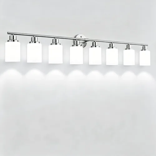 Vista 28 de Paquete de 2 luces de tocador de 1 luz, lámpara de baño de níquel cepillado con pantalla de vidrio blanco lechoso texturizado, accesorio