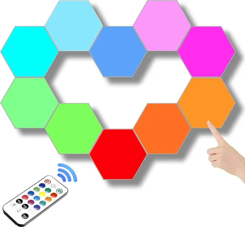 Vista 10 de ODISTAR Lámpara de pared hexagonal con control remoto, inteligente, sensible al tacto, geométrica, modular, RGB montada, luz colorida con Paquete