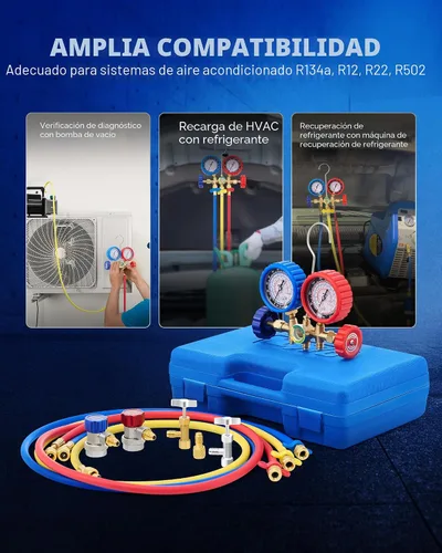 Vista 4 de Orion Motor Tech Medidores de CA, juego de manómetros de CA para refrigerante R134a R12 R502, coche de 3 vías con mangueras de 5 pies acopladores