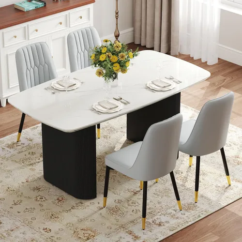 Vista 12 de Juego de mesa de comedor blanco Ebullient para 4, juego de mesa de comedor ovalada de mármol de 67' con 4 sillas de metal, parte superior de grano