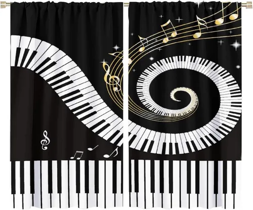 Vista 20 de Cortinas abstractas con notas musicales de piano, temática musical de piano, decoración de dormitorio de niños y niñas, arte rústico retro