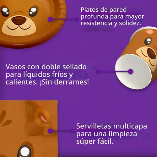 Vista 5 de Juego de suministros para fiesta de cumpleaños de Oso, juego de platos, servilletas, vasos, kit de vajilla para 16