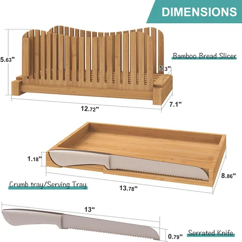 Vista 6 de Cortador de pan de bambú con cuchillo dentado, guía ajustable para 3 tamaños de grosor, tabla de cortar plegable con bandeja para migas, ideal