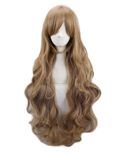 Vista 3 de Pelucas de cosplay de anime para mujer, con flequillo, largo, ondulado, marrón claro, resistente al calor, pelo de fibra para Halloween, cómic
