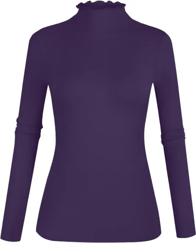 Vista 20 de POPZONE - Camiseta de manga larga con cuello alto falso, ajustada, de punto acanalado con ribete de lechuga para mujer